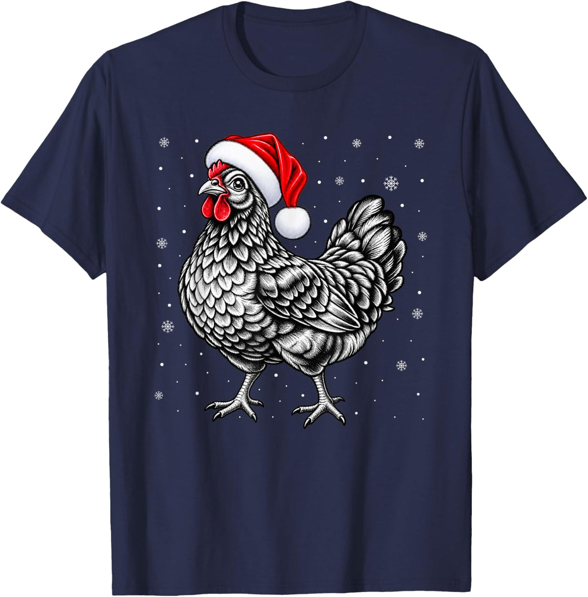 Chicken Christmas Santa Hat Snowflakes Holiday Bird T-Shirt - Navy Blue