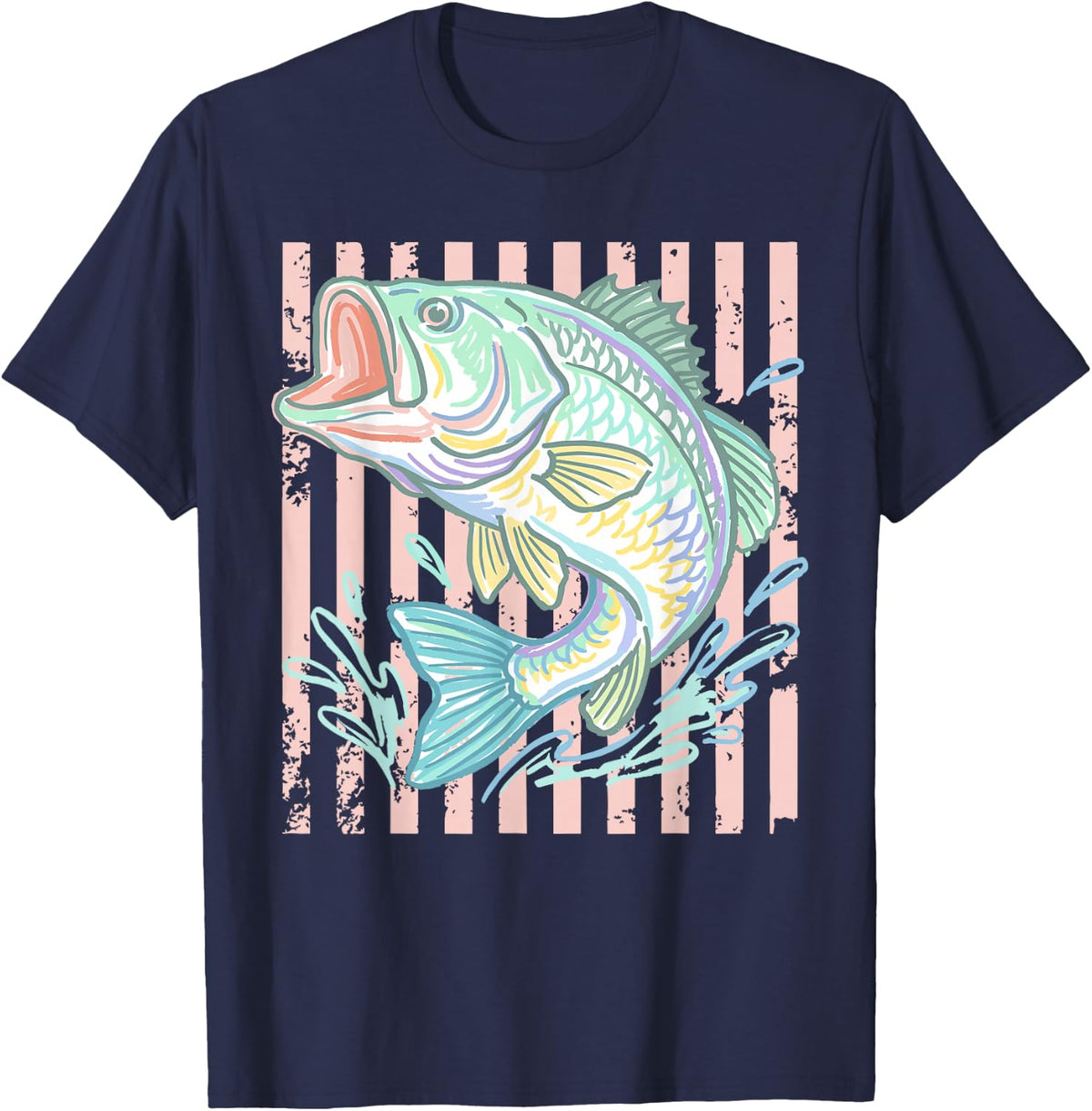 Preppy Funny Stripes Sea Bass Funny Summer Fishing Graphic T-Shirt - Navy Blue