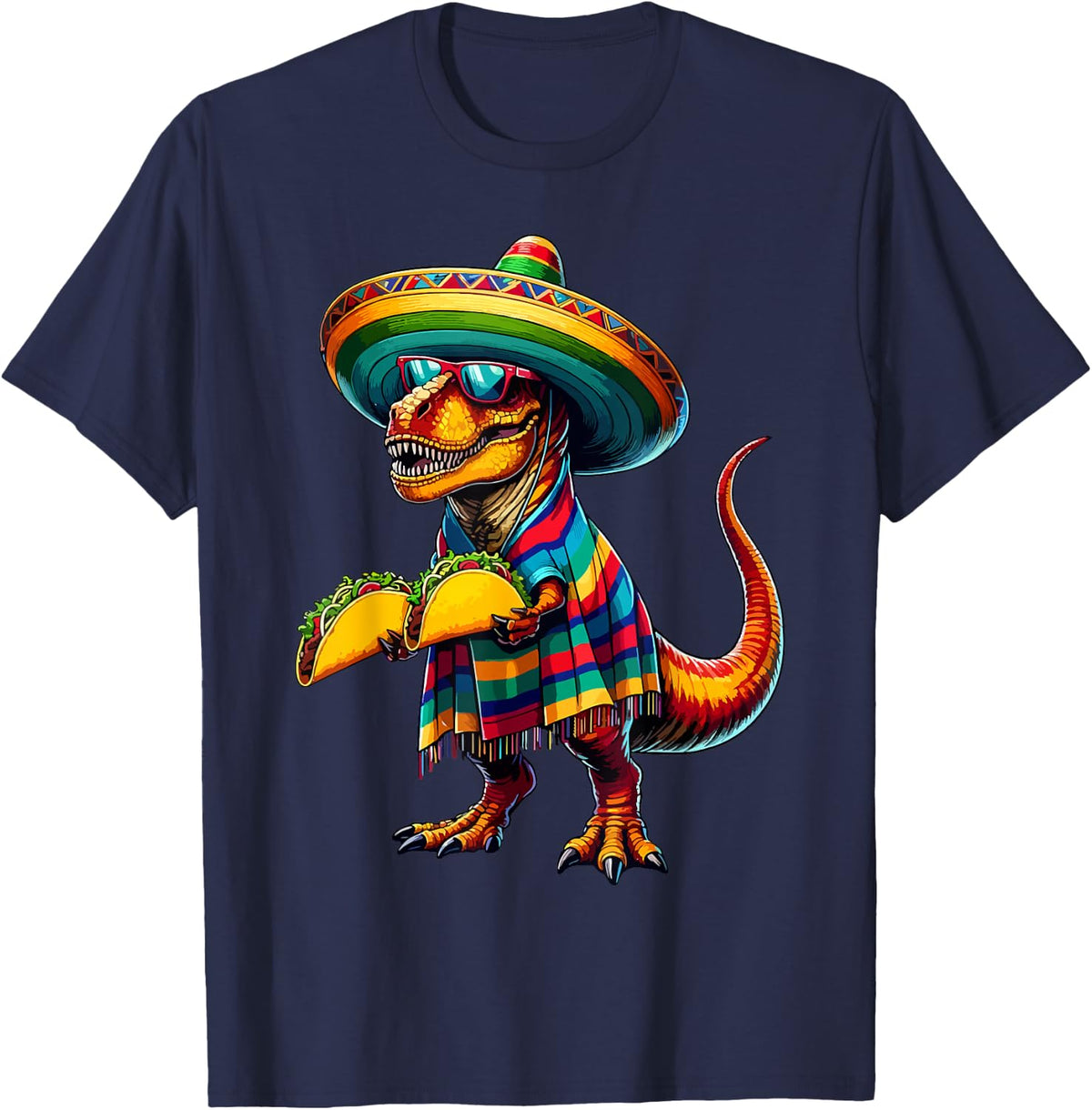 T-Rex Dinosaur Taco Lover Cinco De Mayo Sombrero Poncho Funny Tees T Shirts - Navy Blue
