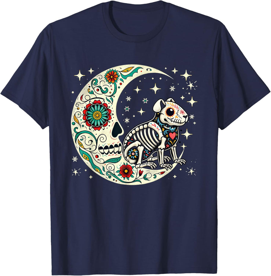 Dia De Los Muertos Halloween Moon Floral Skeleton Guinea Pig T-Shirt - Navy Blue