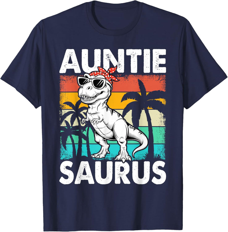Auntiesaurus T Rex Dinosaur Auntie Saurus Family Matching T-Shirt - Navy Blue