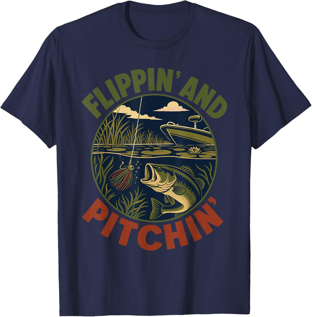 Flippin and Pitchin Bass Fishing T-Shirt - Navy Blue