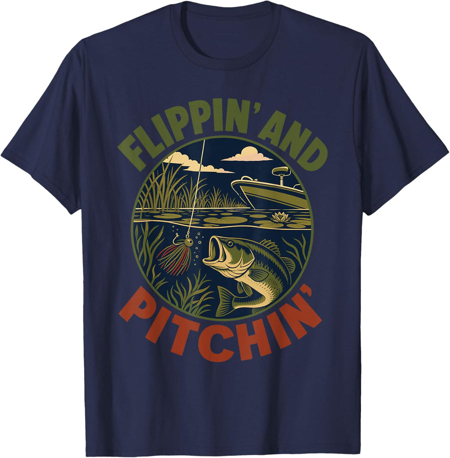 Flippin and Pitchin Bass Fishing T-Shirt - Navy Blue
