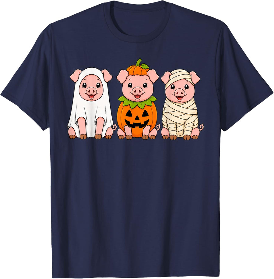 Spooky Pig Pumpkin Ghost Halloween T-Shirt - Navy Blue