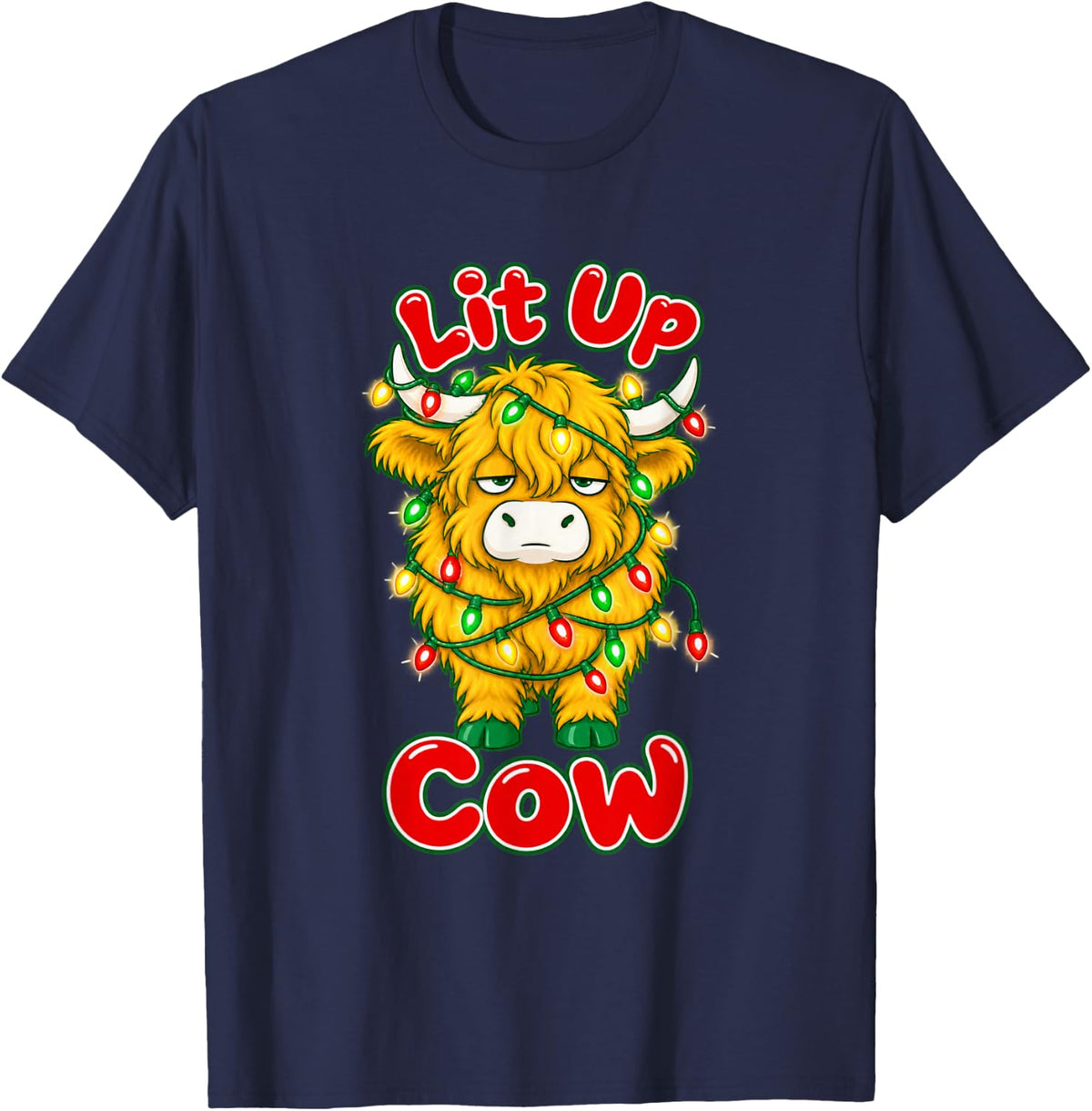 Lit Up Cow Highland Christmas Lights Tired Funny Xmas T-Shirt - Navy Blue