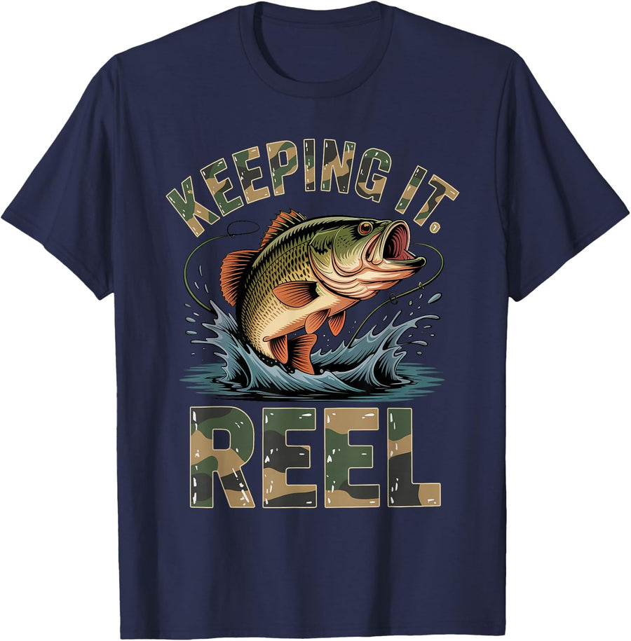 Keeping It Reel Funny Fishing Bass Fish Fisherman Men Boys T-Shirt - Navy Blue