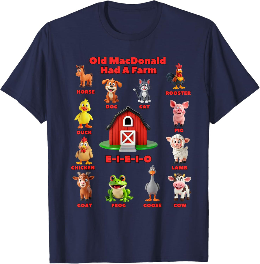 Toddler Kids Old Macdonald Had A Farm Animals Costume, EIEIO T-Shirt - Navy Blue