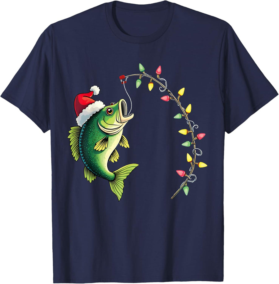 Funny Bass Fishing Santa Hat Christmas Pajama Fishermen Fish T-Shirt - Navy Blue