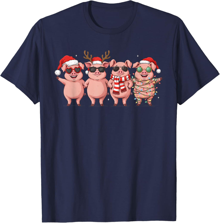 Cute Pig Baby Funny Santa Hat Christmas Lights Holiday Xmas T-Shirt - Navy Blue