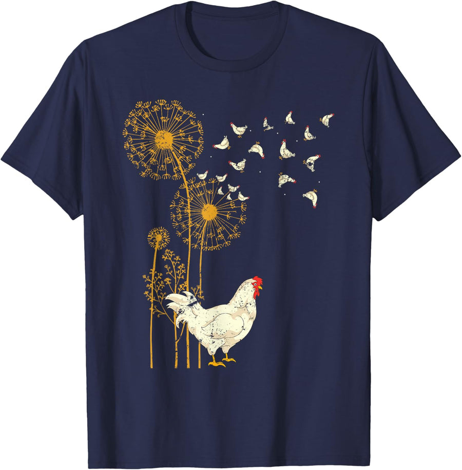 Farmer Poultry Bird Flower Farm Animal Dandelion Chicken T-Shirt Small - Navy Blue