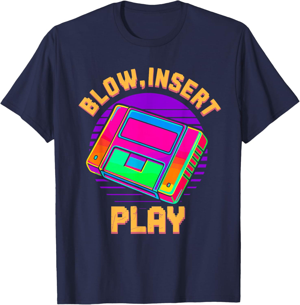 Retro Gamer Cartridge Blow Insert Play Nostalgic 80s 90s T-Shirt - Navy Blue