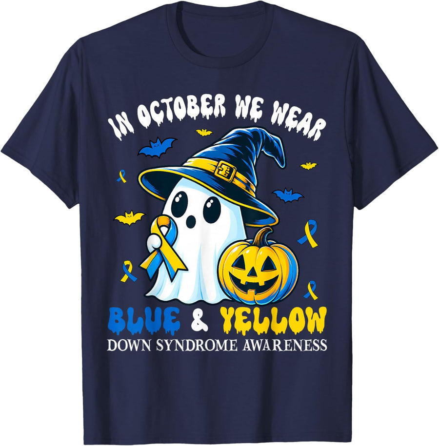 in October We Wear Blue and Yellow Down Syndrome Awareness T-Shirt - Navy Blue