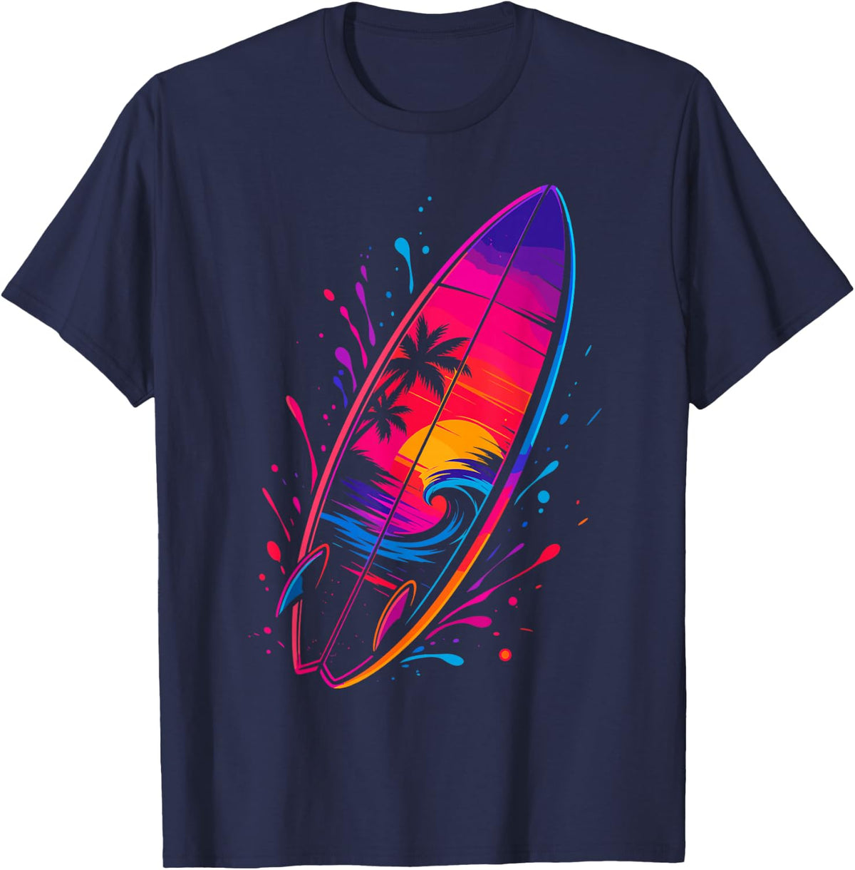 Retro Surfboard Tropical Ocean Wave Sunset Surfing T-Shirt - Navy Blue