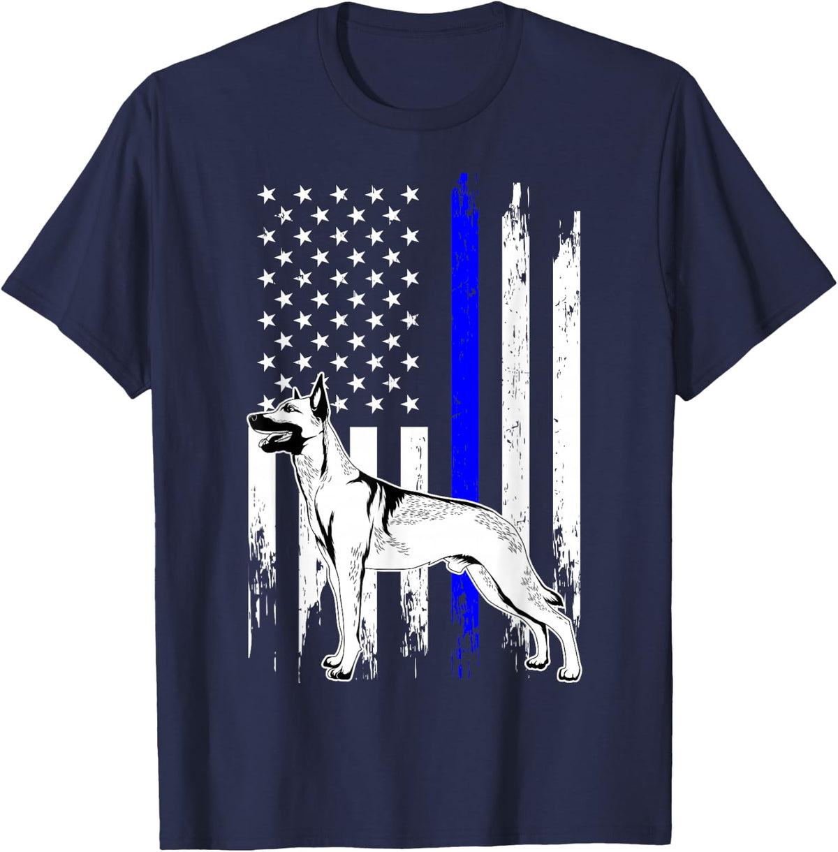 Belgian Malinois K9 Unit Thin Blue Line US Flag Police Tee T-Shirt Gift for Law Enforcement - Navy Blue