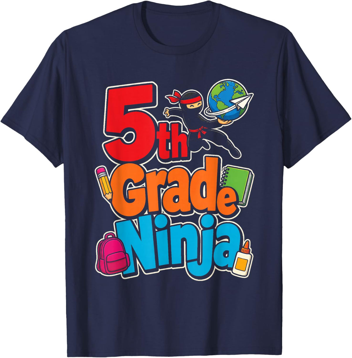 5th Grade Ninja Cartoon Kids First Day Globe Backpack T-Shirt - Navy Blue