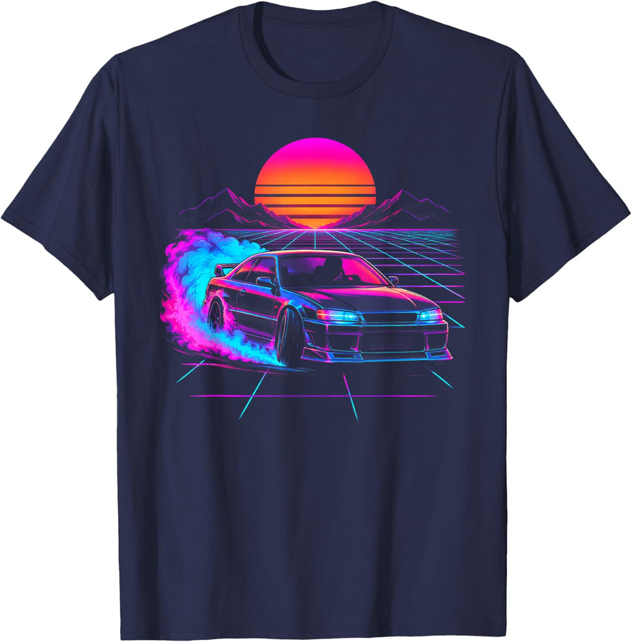 Synthwave Drifting Car Sunset Grid T-Shirt - Navy Blue
