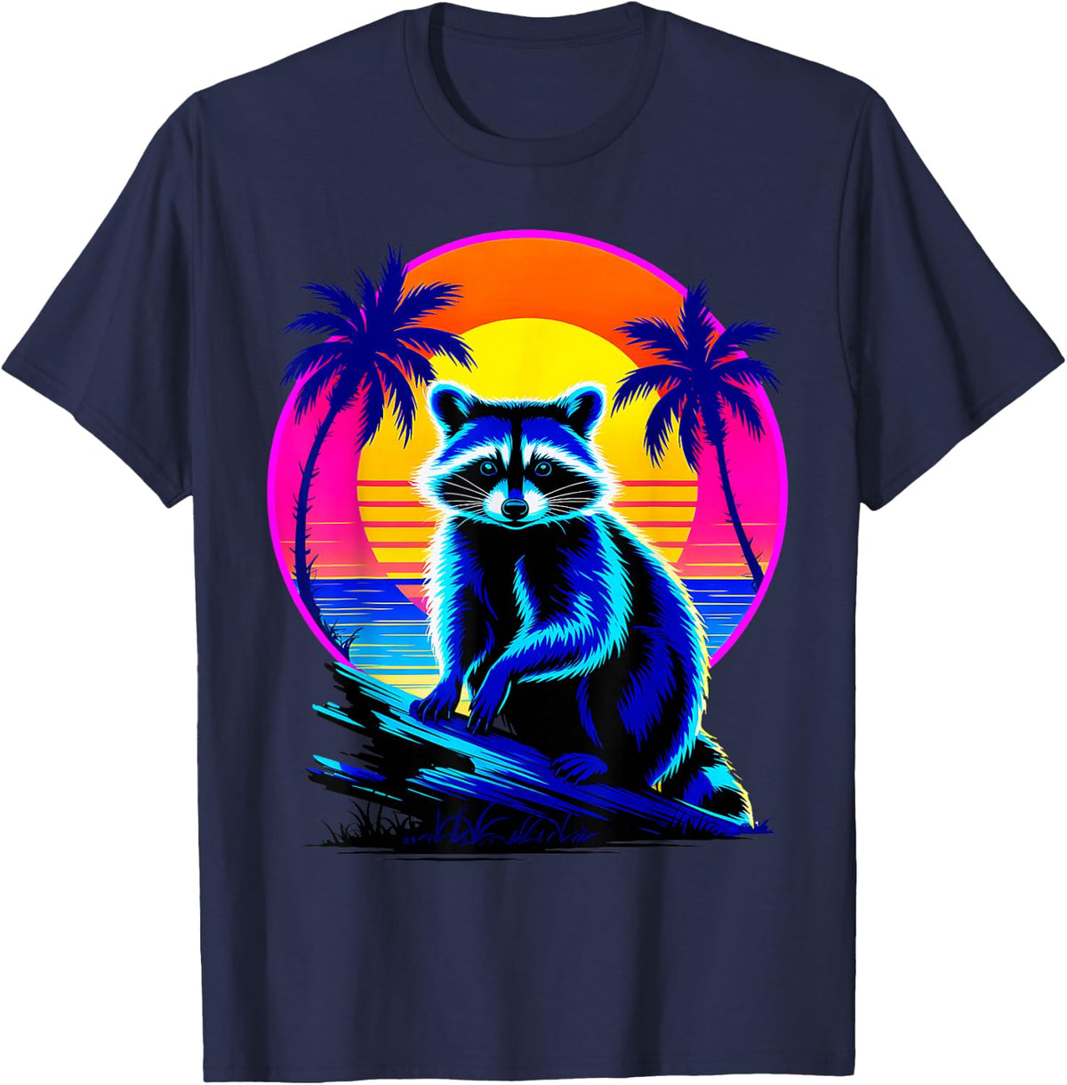 Vintage Retrowave Synthwave 80s Raccoon T-Shirt - Navy Blue