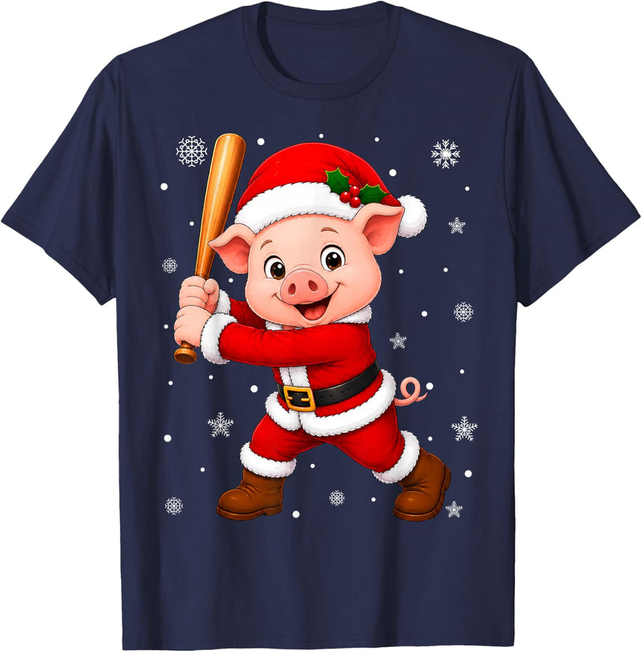 Cute Festive Pig Playing Baseball Christmas T-Shirt - Navy Blue