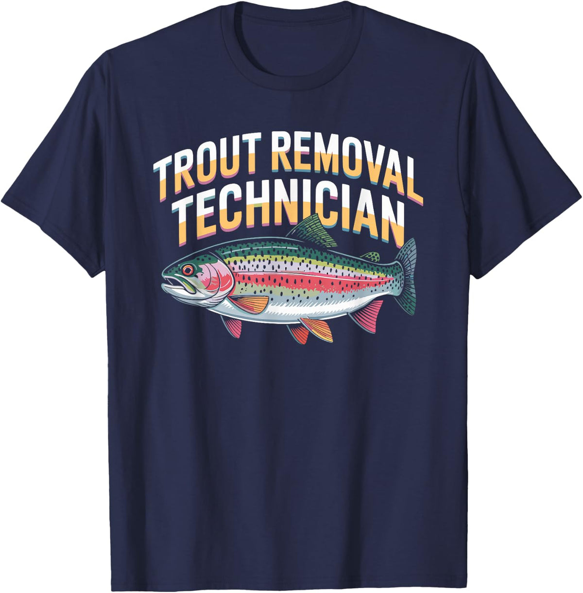 Funny Fly Fishing Technician Retro Trout Scene T-Shirt - Navy Blue