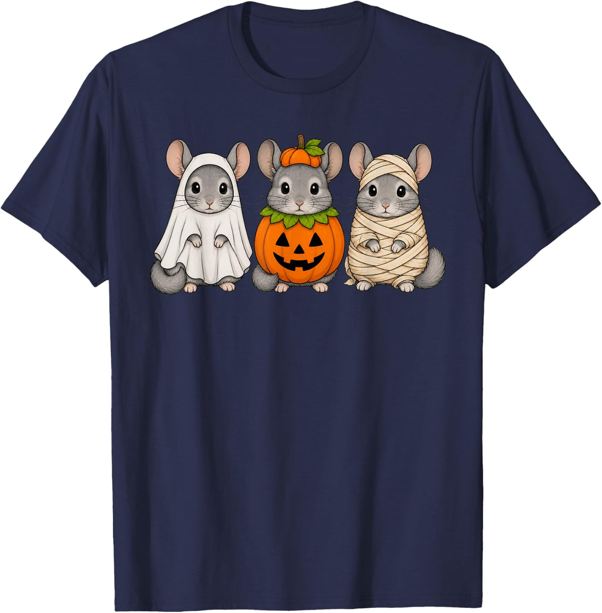 Spooky Chinchilla Pumpkin Ghost Halloween T-Shirt - Navy Blue