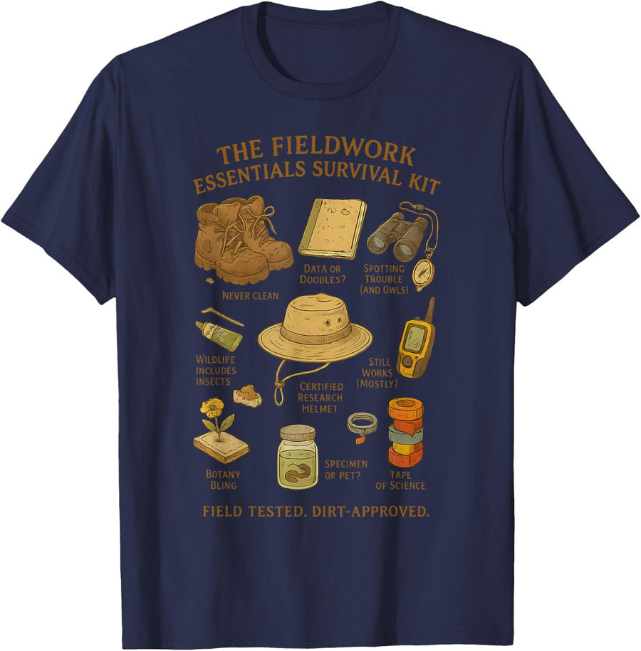 Field Researcher Fieldwork Essentials Wildlife Biologist T-Shirt - Navy Blue