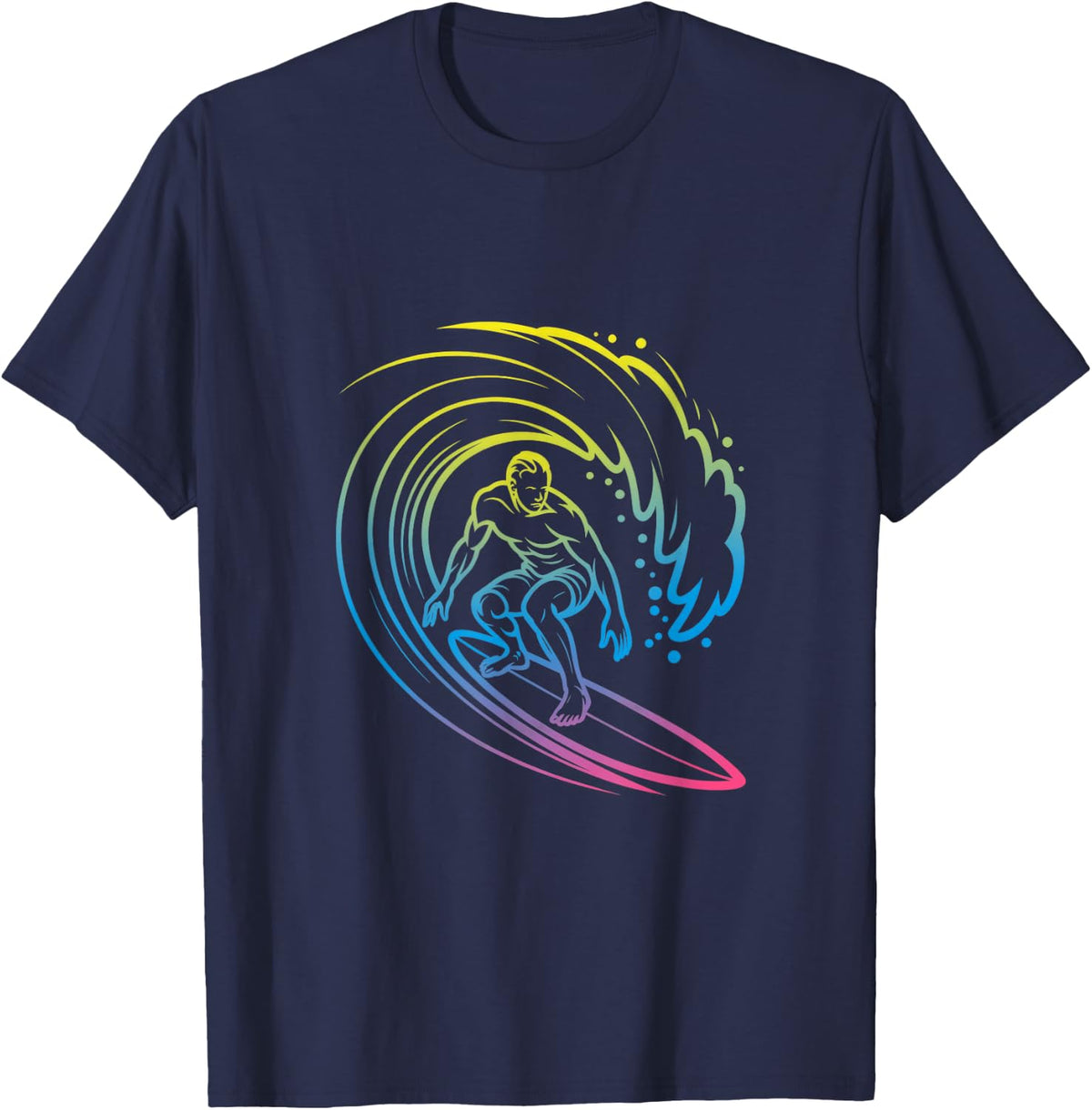 Surfer Riding Wave Line Art Colorful Summer Ocean Surfing 80 T-Shirt - Navy Blue