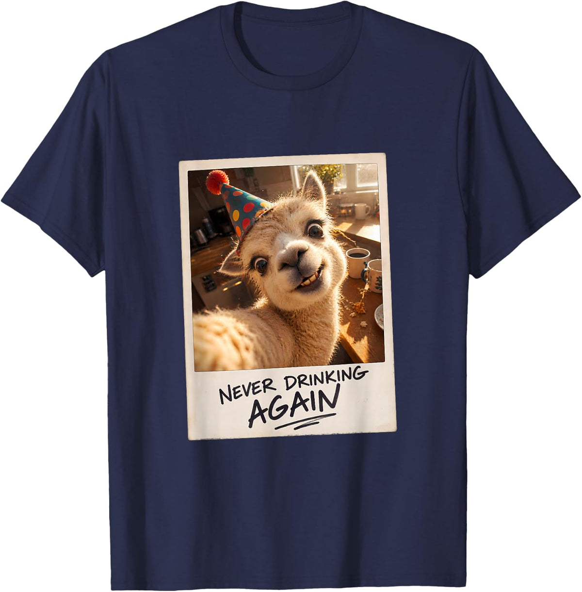 Never Drinking Again Alpaca Selfie Funny Hangover T-Shirt - Navy Blue