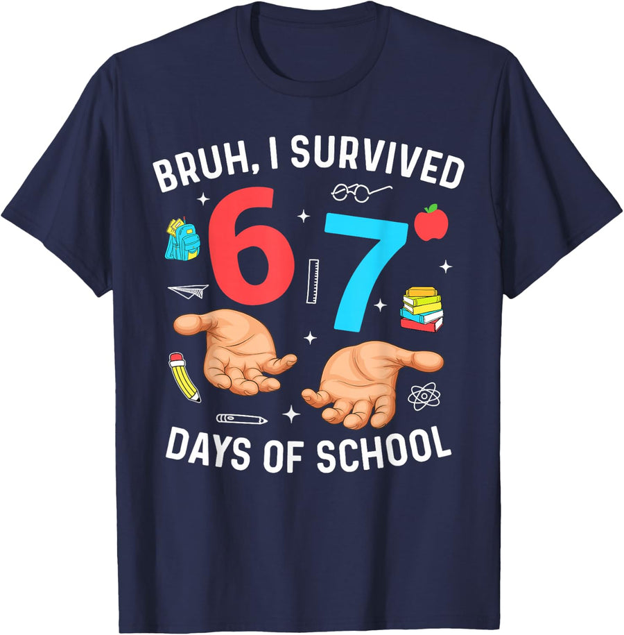 Bruh I Survived 67 Days of School Funny Six Seven Hands Meme T-Shirt - Navy Blue