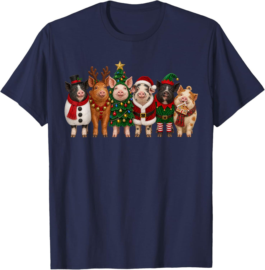 Christmas Pigs Funny Farm Animals in Holiday Costumes T-Shirt - Navy Blue