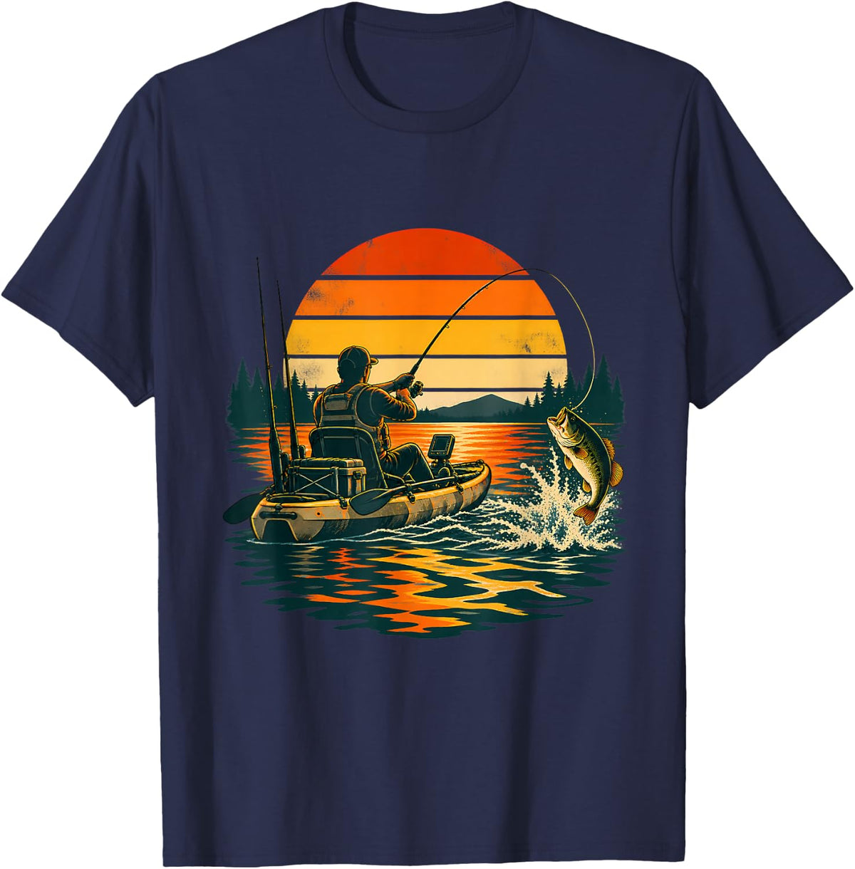 Retro Sunset Kayak Bass Fishing Angler Adventure T-Shirt - Navy Blue