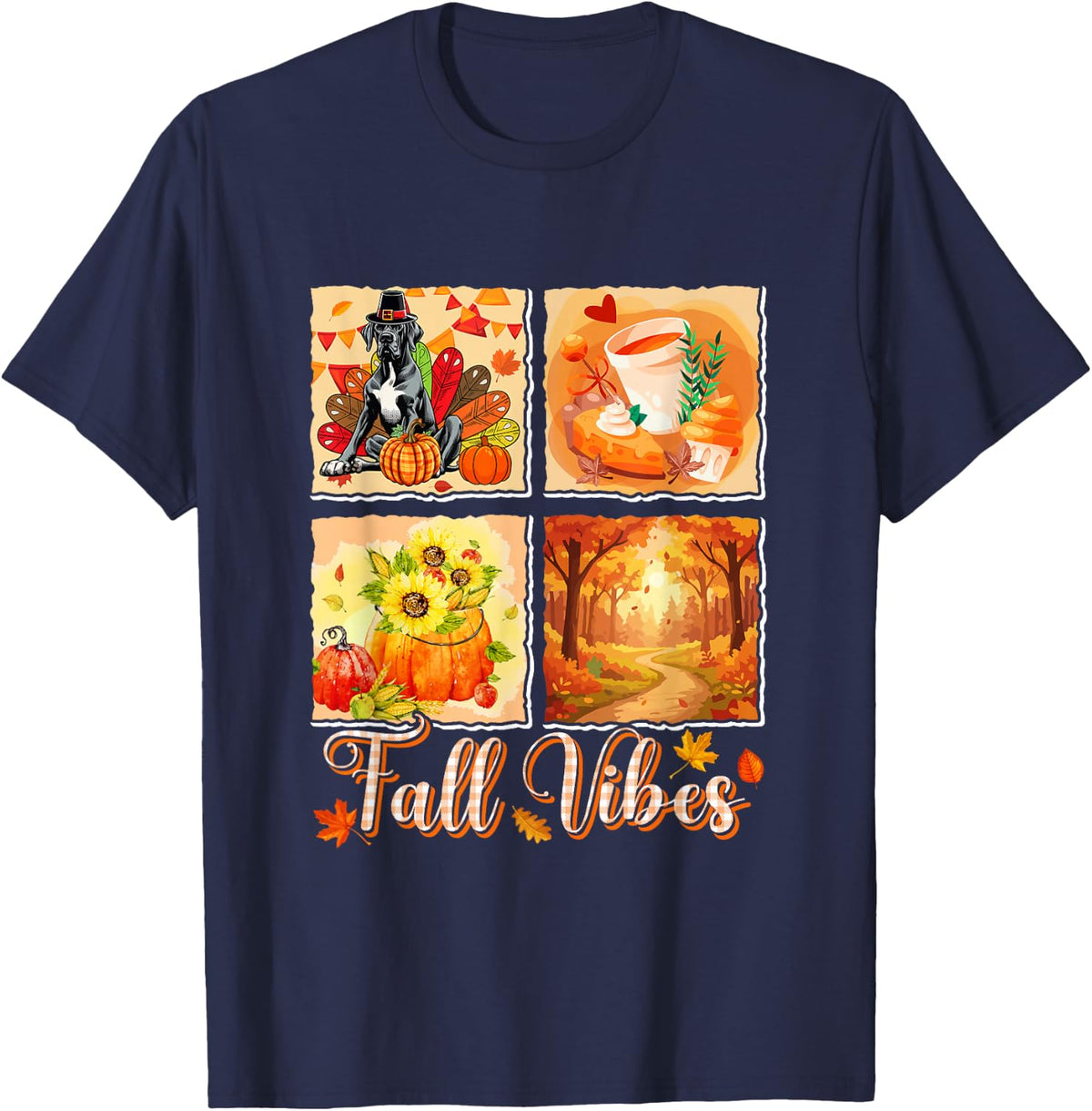 Fall Funny Vibes Thanksgiving Great Dane Turkey Flowers T-Shirt - Navy Blue