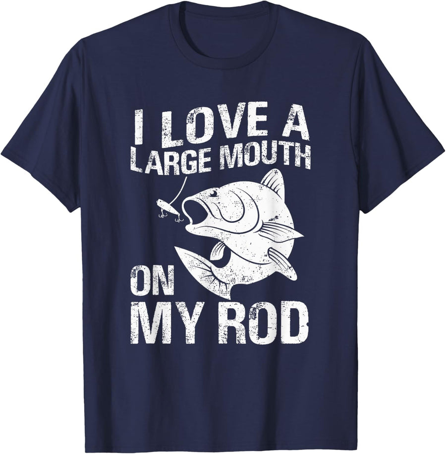 I Love a Large Mouth On My Rod Funny Bass Fisherman Graphic T-Shirt - Navy Blue