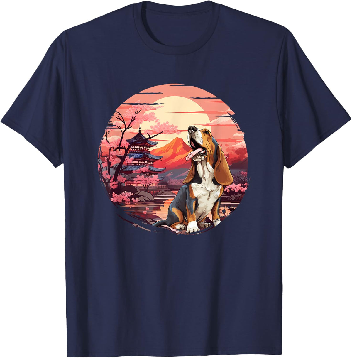 Funny Japanese Sunset Basset Hound T-Shirt - Navy Blue