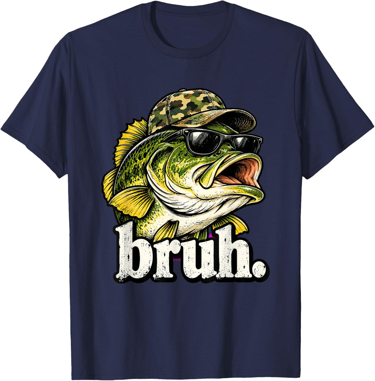 Bruh Bass Fishing Fisherman Funny T-Shirt - Navy Blue