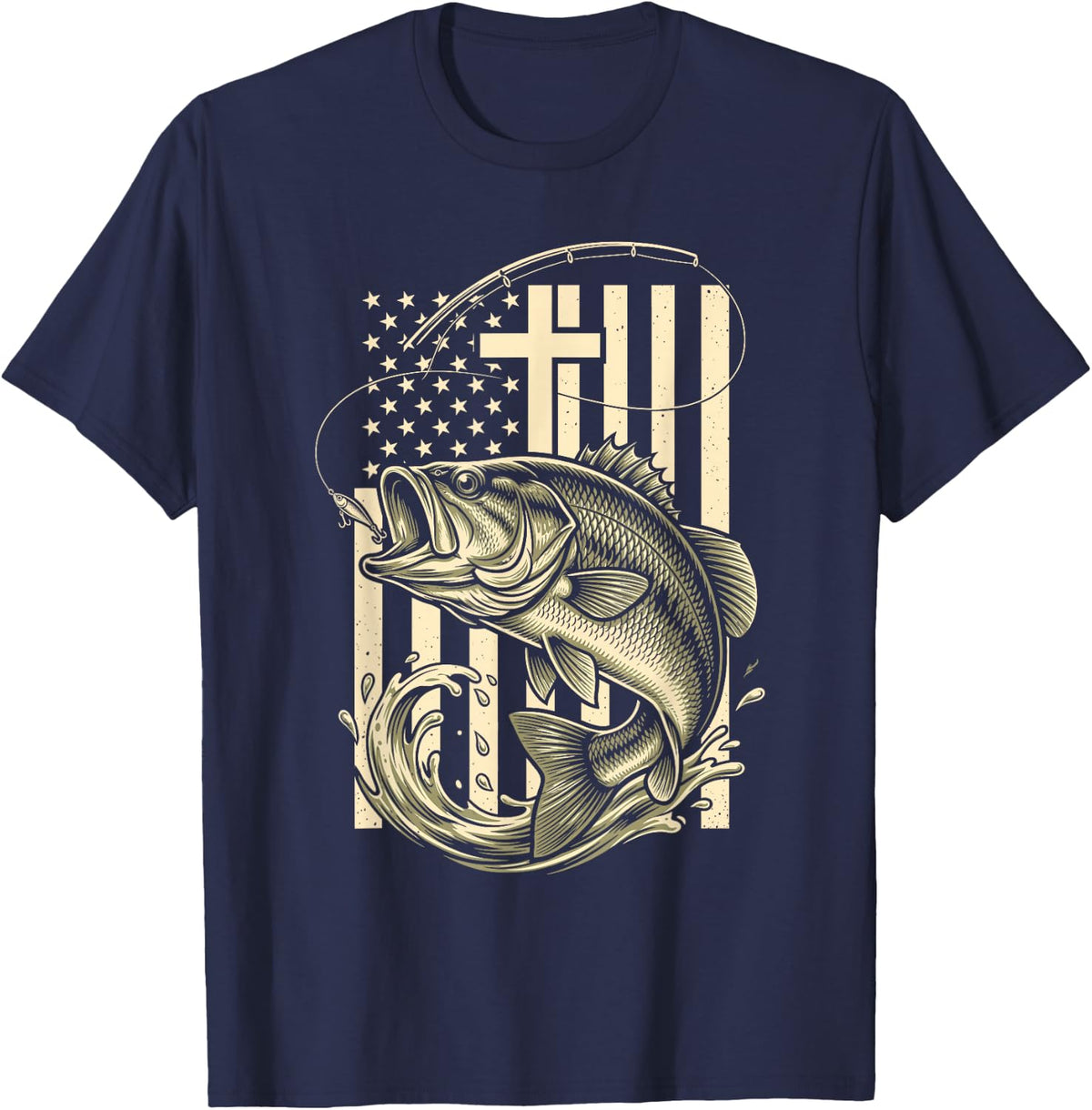 Christian Bass Fishing American Flag Cross Men T-Shirt - Navy Blue