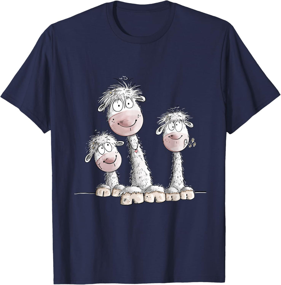 Happy Alpaca Llama Trio Cartoon Design Animal Humor Art T-Shirt - Navy Blue