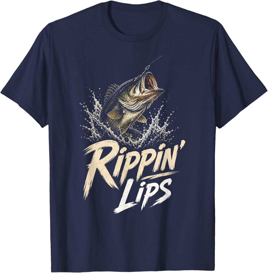 Bass Fishing Rippin' Lips Funny Angler Gift T-Shirt - Navy Blue