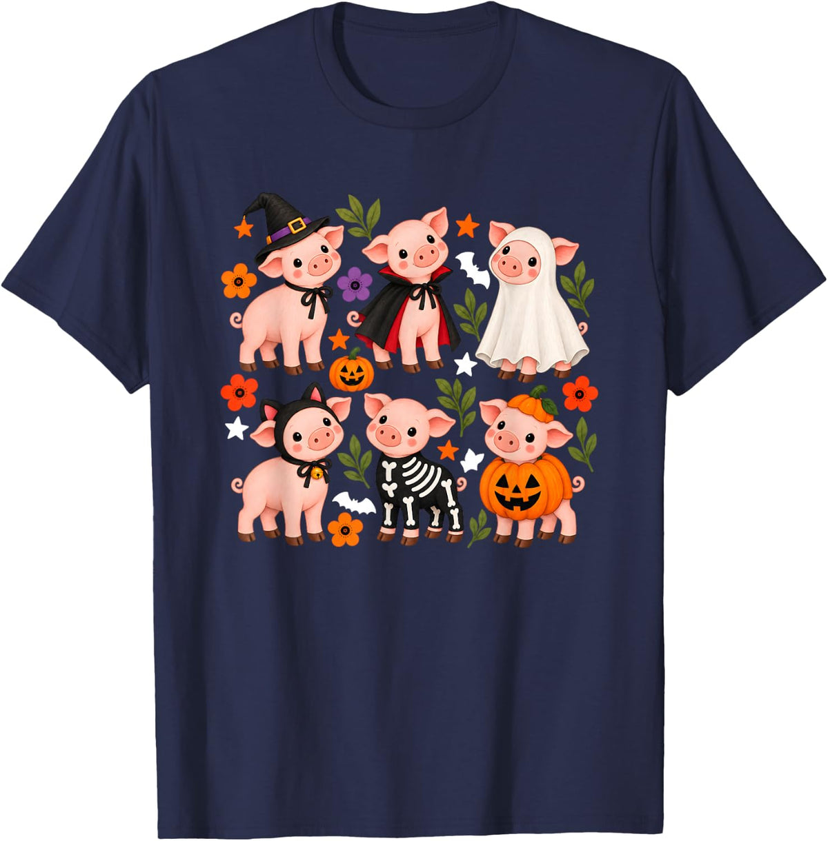 Halloween Pigs Witch Vampire Ghost Skeleton Pumpkin Cost T-Shirt - Navy Blue