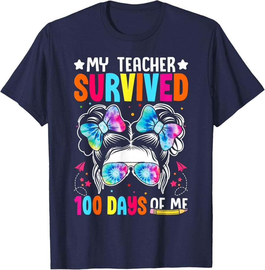 My Teacher Survived 100 Days of Me 100th Day Of School Kids T-Shirt - Navy Blue