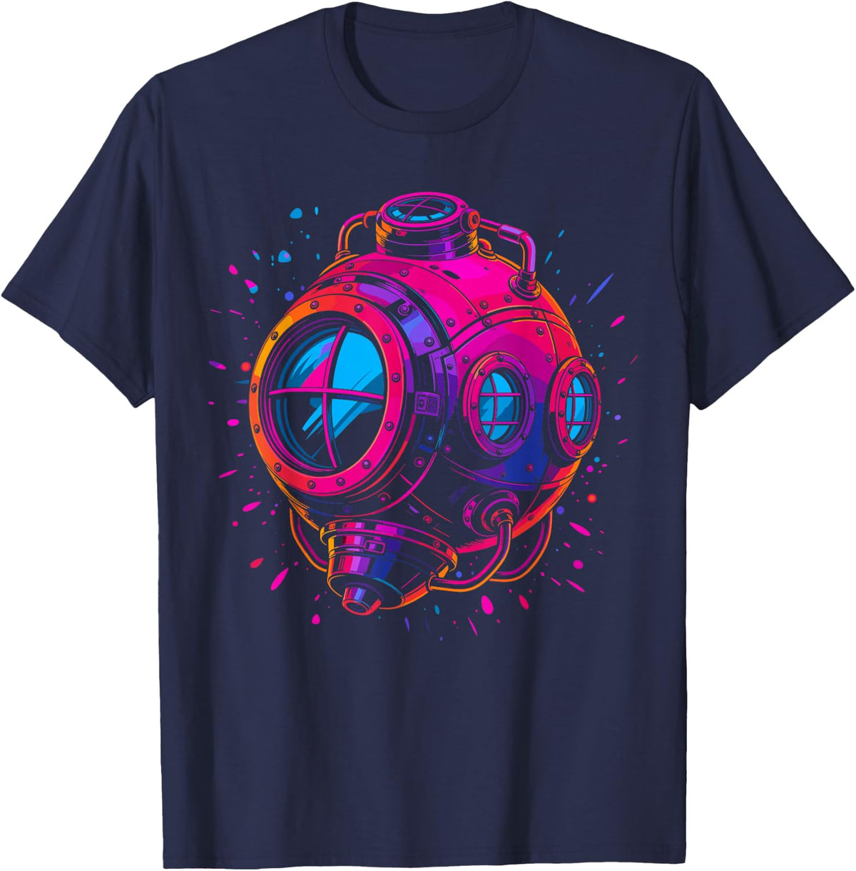 Retro Sea Diver Helmet Ocean Exploration Art T-Shirt - Navy Blue