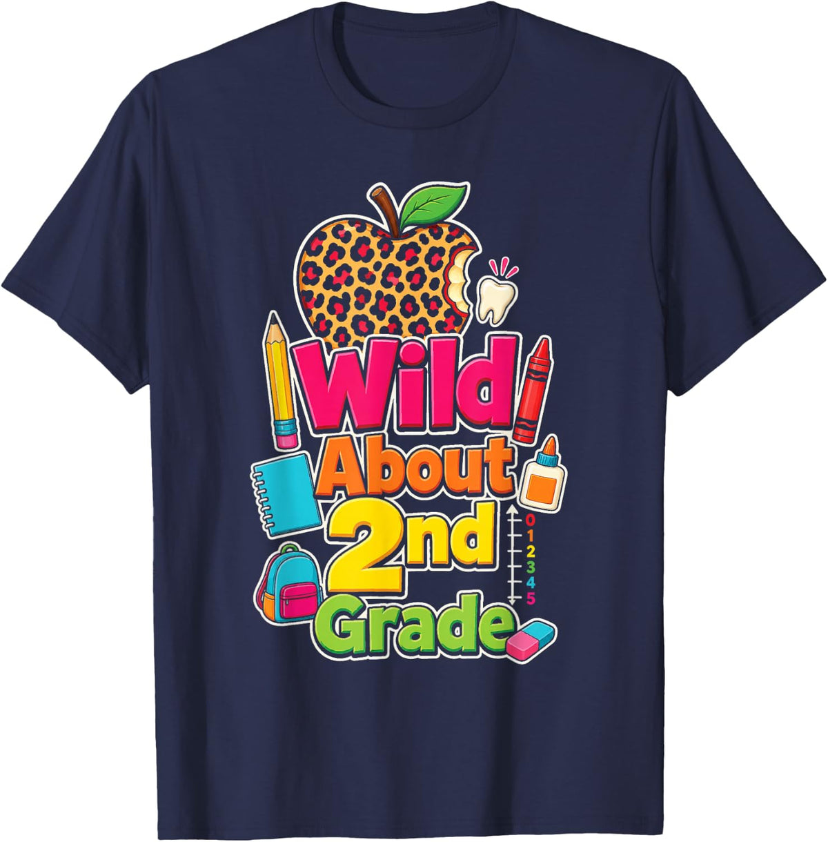 2nd Grade Wild About First Day Leopard Print Lost Tooth T-Shirt - Navy Blue