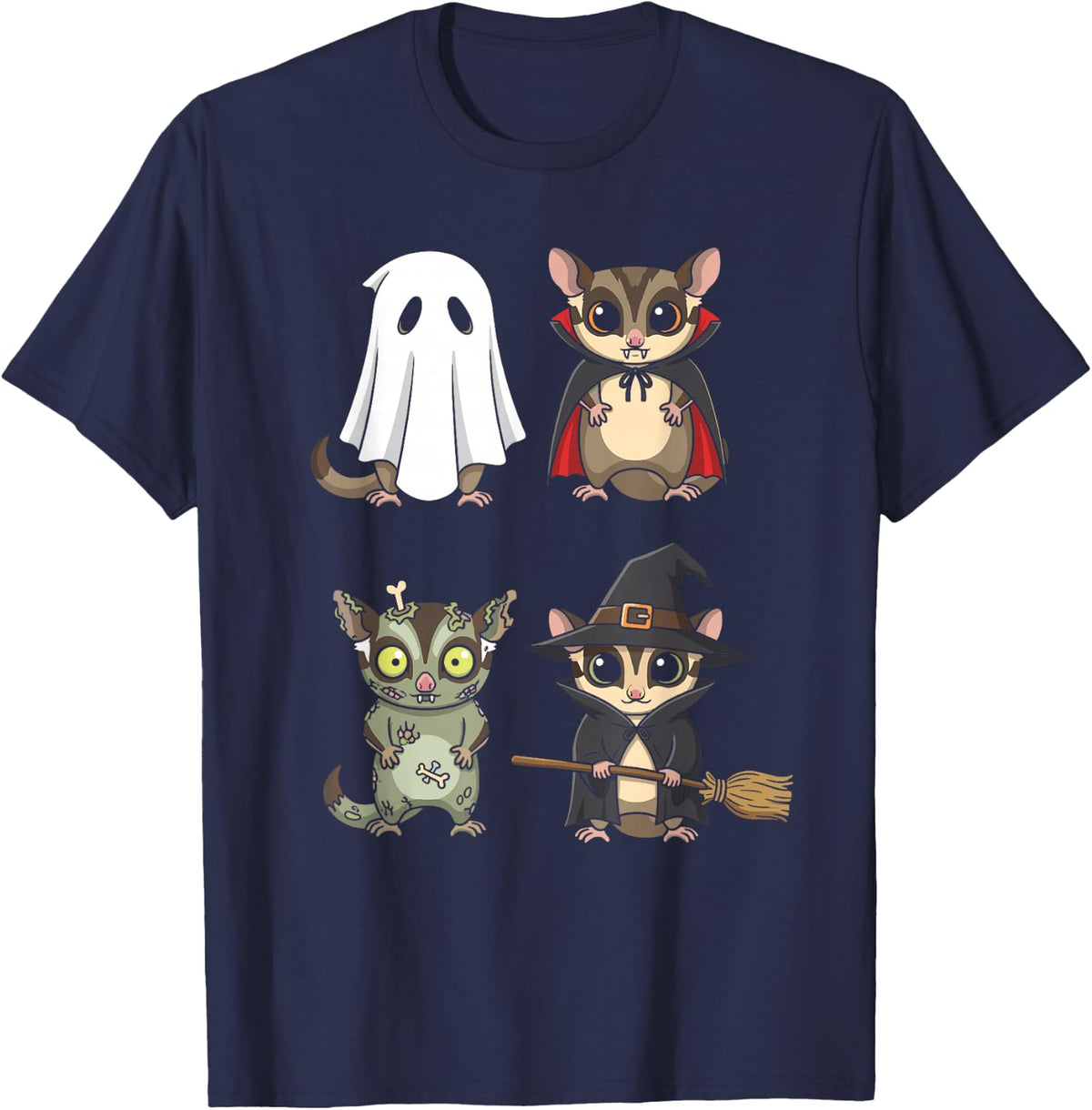 Cute Sugar Gliders in Halloween Costumes Graphic T-Shirt - Navy Blue