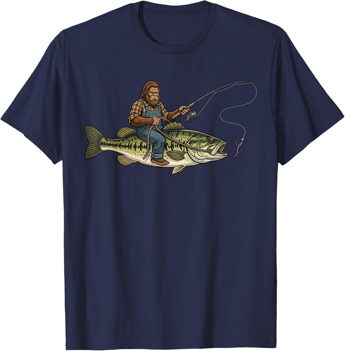 Largemouth Bass Fishing Bigfoot Riding Fisherman Funny T-Shirt - Navy Blue