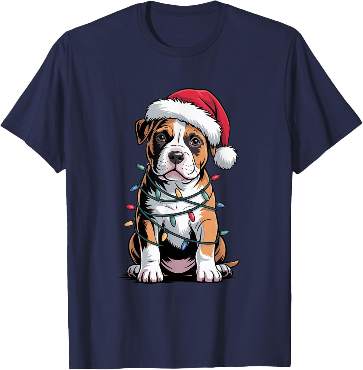 Cute Funny Pitbull Puppy Christmas Lights Dog Mom Dad Lover T-Shirt - Navy Blue