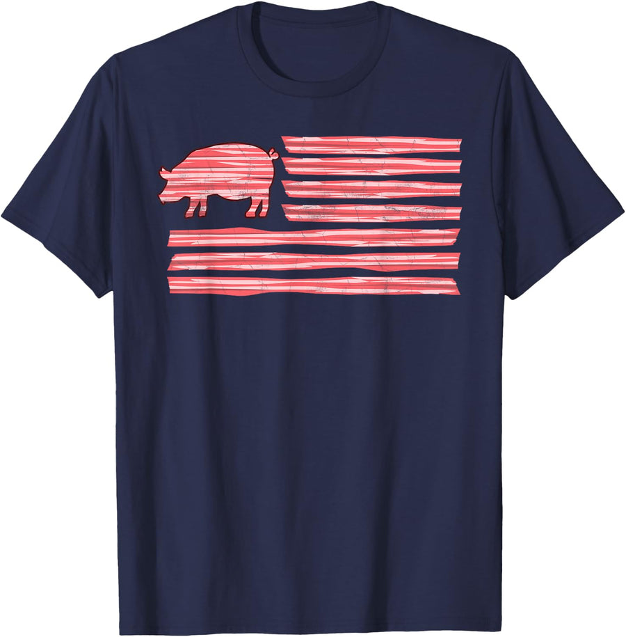 Sweet Salted Smoke Meaty Pig Flag Artwork Bacon T-Shirt - Navy Blue