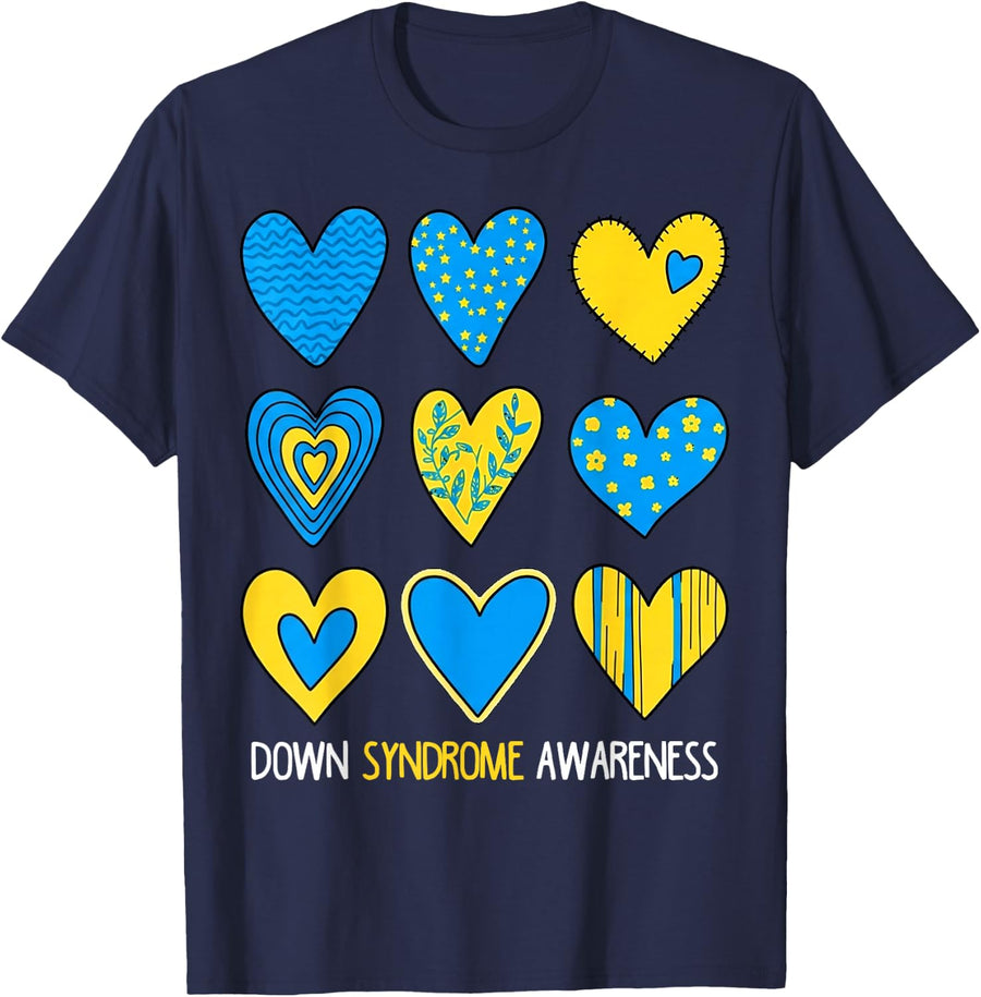 Hearts Down Syndrome Awareness Month Blue Yellow Ribbon T-Shirt - Navy Blue