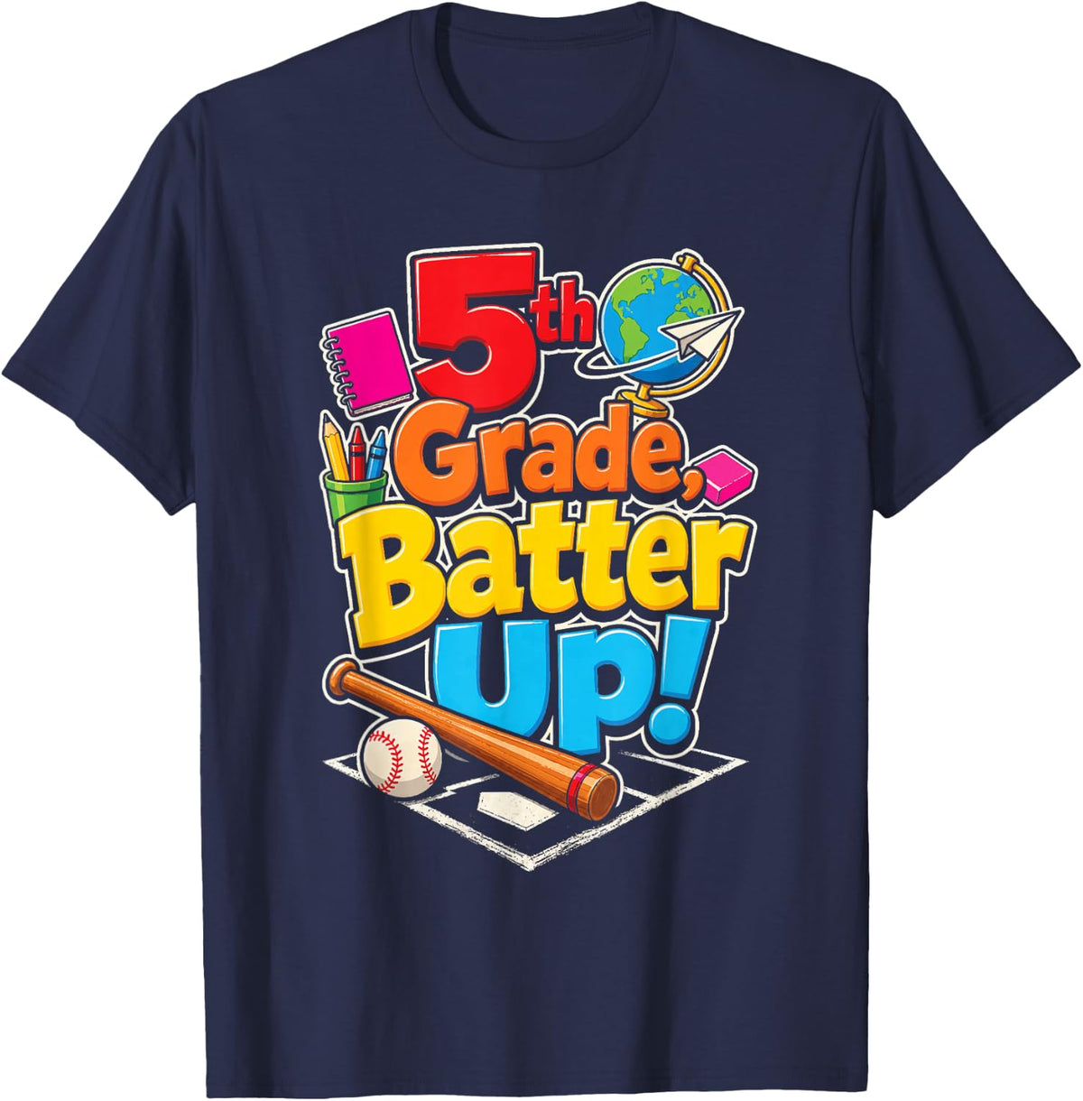5th Grade Batter Up Baseball First Day of School Kids T-Shirt - Navy Blue