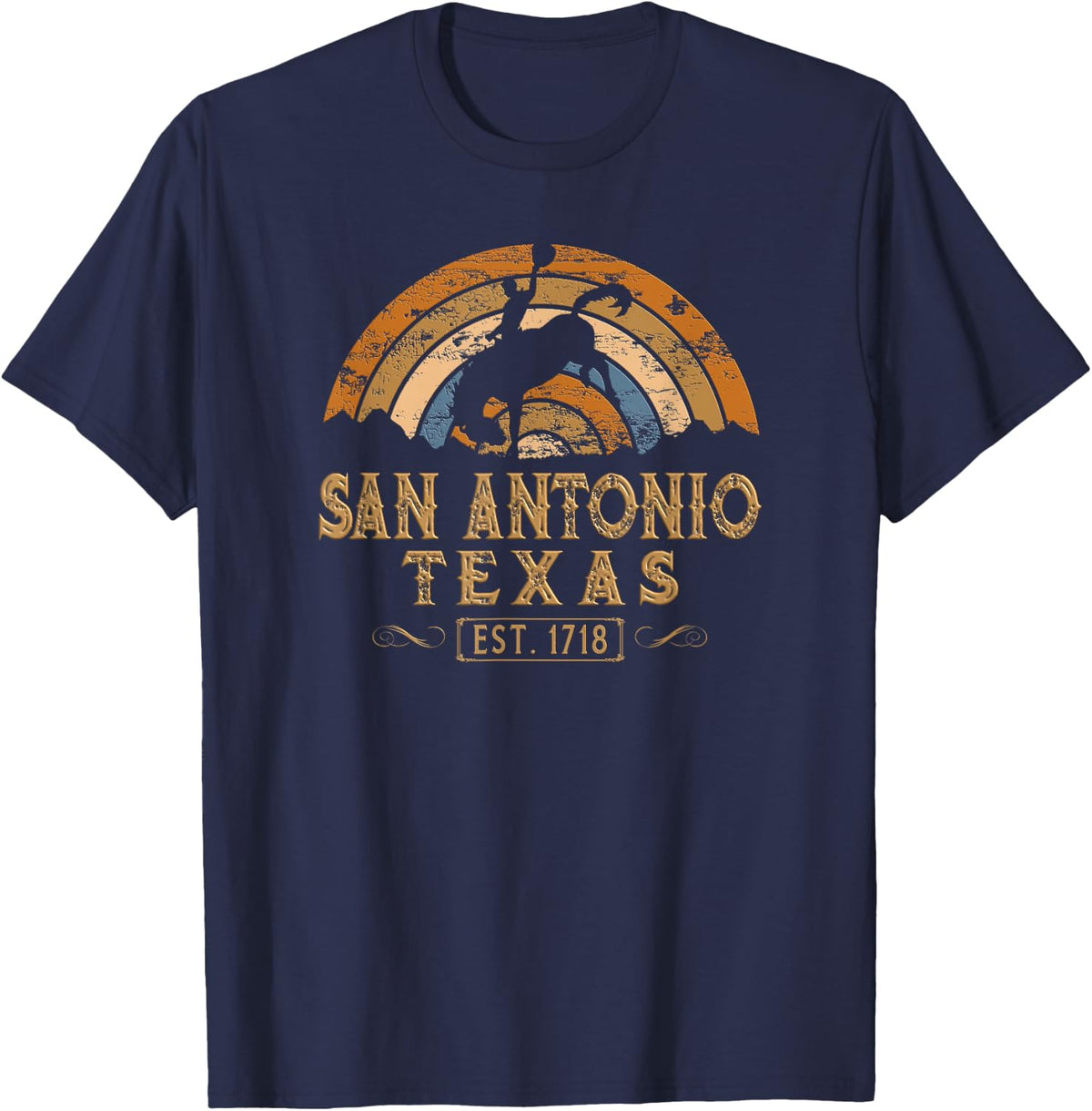San Antonio, Texas TX Retro Style Rodeo Cowboy T-Shirt - Navy Blue