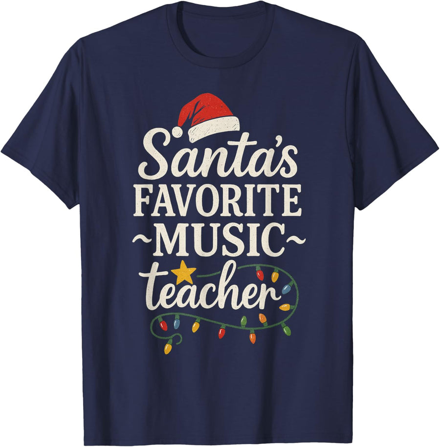 Merry Christmas Lights Santa's Favorite Music Teacher T-Shirt - Navy Blue