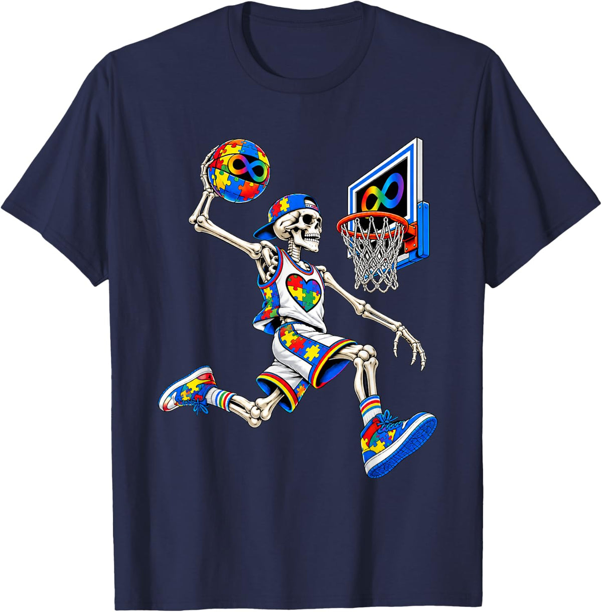 Autism Puzzle Awareness Support Basketball Lover Skeleton T-Shirt - Navy Blue